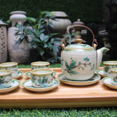 Bộ ấm trà men bóng vẽ trúc xanh