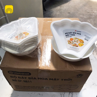 Bộ Bát Đĩa Hoa Mặt Trời 6811 Loại Bé Việt Nhật Nhựa PP Màu Trắng Dùng Để Bày Đồ Cúng
