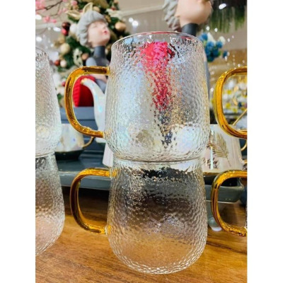 Cốc thủy tinh chịu nhiệt vân sần quai vàng