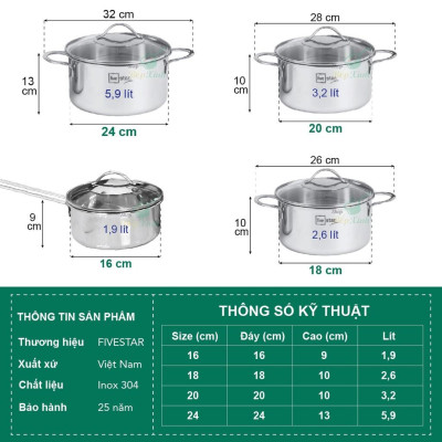 Bộ nồi 3 lớp đáy liền inox 304 cao cấp Fivestar Plus 4 món quai oval nắp kính , dùng được mọi bếp , tặng 1 vá canh