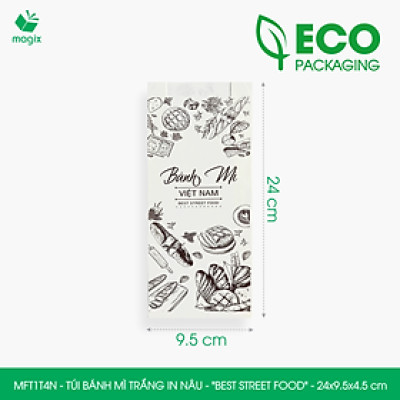 MFT1T4N - 24x9.5x4.5 cm - 100 Túi bánh mì Trắng, in sẵn họa tiết BEST STREET FOOD - Bao bánh mì Túi giấy thực phẩm an toàn