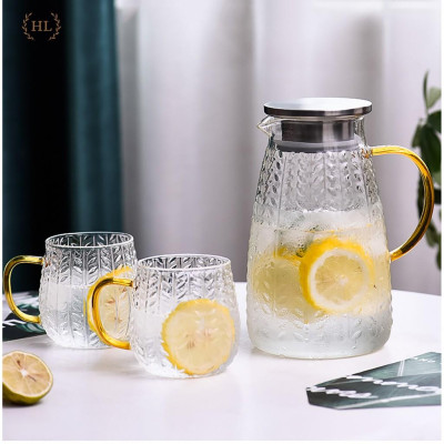 Bộ bình cốc vân lá liễu dập nổi | BỘ BÌNH CỐC THỦY TINH CHỊU NHIỆT BOROSILICATE SIÊU BỀN SIÊU NHẸ CAO CẤP KHÔNG Ố MÀU