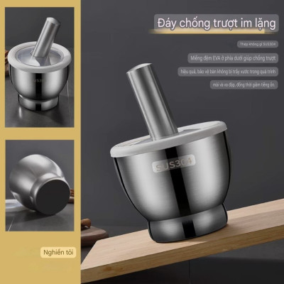 Bộ chày cối bằng inox 304 đáy chống trượt giữ im lặng ( hàng cao cấp )