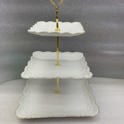 KHAY SỨ ĐỰNG BÁNH KẸO HOA QUẢ 3 TẦNG TRẮNG HOA DẬP NỔI - ANTH618