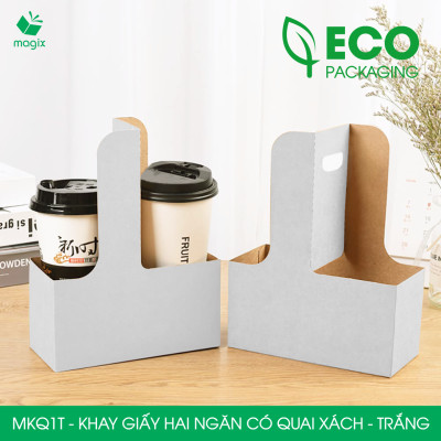 MKQ1T - 17.5x8x9 cm - Combo 60 Khay giấy 2 ngăn quai xách màu trắng siêu chắc, hộp giấy 2 ngăn chống thấm đựng ly nước, hoa và quà tặng