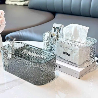 Hộp Đựng Khăn Giấy Vân Kim Cương Trong Suốt Tích Hợp Khay Đựng Đồ Đa Năng Charm Thỏ Sang Trọng - HÀNG CHÍNH HÃNG MINIIN