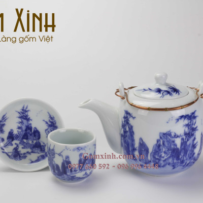 ấm chén Bát Tràng_Bộ ấm trà men Lam Cổ dáng Vại S1 kèm phụ kiện