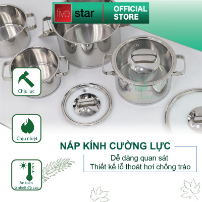 Bộ nồi 3 đáy inox 304 FiveStar Plus bếp từ 4 chiếc nắp kính ( nồi 16cm x nồi 18cm x 1 nồi 20cm x 1 nồi 24cm) , tặng 10 muỗng ăn