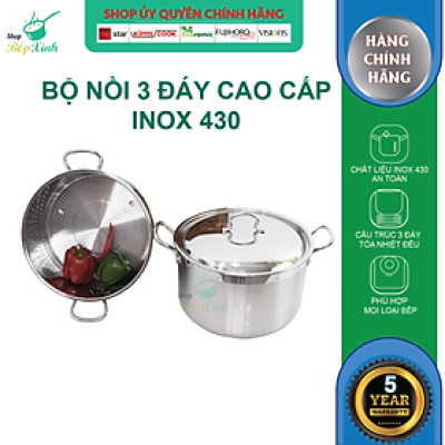 Bộ xửng hấp 3 đáy từ inox 430 Fivestar standard nắp inox 32cm ( tặng 2 muỗng canh )