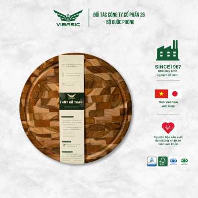Thớt gỗ Teak Vibasic A80 phiên bản YÊU NƯỚC, thớt chặt ghép dựng block kích thước 320x38mm, khắc logo 80 năm 2/9