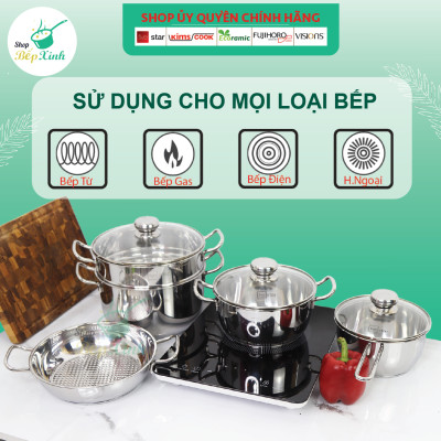 Bộ Nồi Inox 3 Đáy Gồm 3 Nồi 1 Chảo 1 Xửng Fivestar FS08CG1 - Hàng Chính Hãng