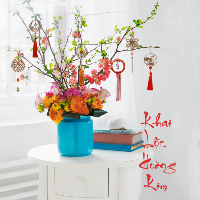 Combo 12V - Bộ 12 dây treo trang trí tết Khai Lộc Hoàng Kim màu Vàng,handmade,chất liệu gỗ, kim loại cắt CNC hoa văn sắc sảo, treo cành mai, đào, lan, quà tặng độc đáo ý nghĩa