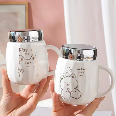 Cốc Sứ Nắp Gương Hình Động Vật Dễ Thương, Ly Sứ Nắp Quai Cầm Tiện Lợi 450ml - HÀNG CHÍNH HÃNG MINIIN