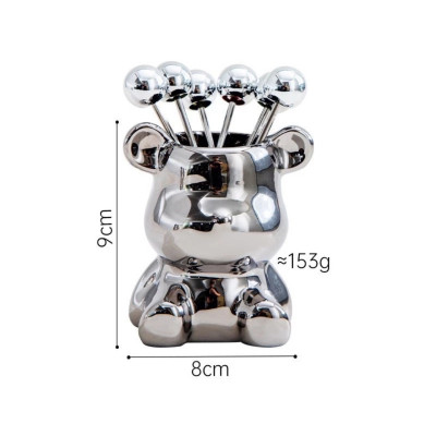 Bộ 6 Nĩa Ăn Trái Cây Bằng Thép Không Gỉ Kèm Hộp Đựng Hình Gấu Bearick Bằng Gốm Cao Cấp Sang Trọng - HÀNG CHÍNH HÃNG MINIIN