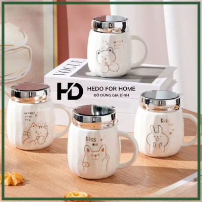 Cốc Sứ Nắp Gương Hình Động Vật Dễ Thương, Ly Sứ Nắp Quai Cầm Tiện Lợi 450ml - HÀNG CHÍNH HÃNG MINIIN
