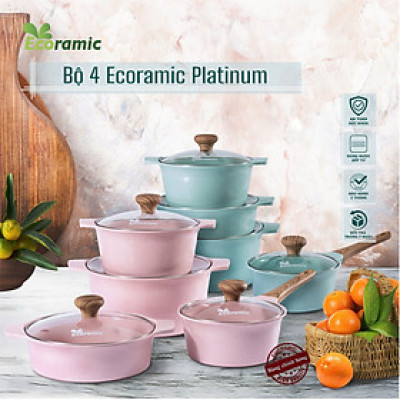 Bộ 4 Nồi Ecoramic Platinum – Hợp Kim Nhôm Đúc Nguyên Khối – Phủ Gốm Ceramic 2 Mặt – Đáy Từ – Kèm Đế Lót & Nhấc Nồi – Chính Hãng