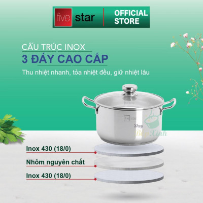 Bộ nồi chảo 3 đáy inox 403 Fivestar 5 món nắp kính tặng 5 muỗng ăn( N16cm x N18cm xN20cm x N24cm x chảo 24cm)