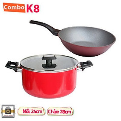 Combo 2 món cao cấp Hàn Quốc, nồi chống dính vân đá Kimscook, quai chống nóng, nắp kính cường lực viền inox size 24 cm và Chảo đúc chống dính Ecoramic Megastone cao cấp sâu lòng màu mận tím 28 cm, dùng bếp gas, hồng ngoại, ...  Hàng chính hãng