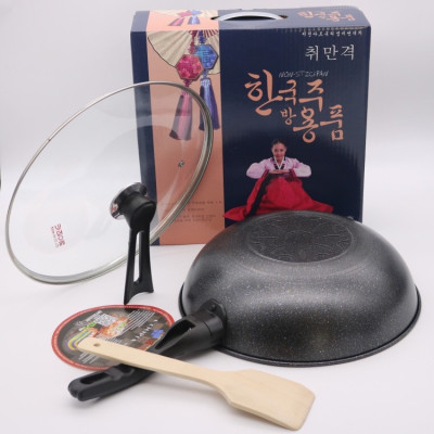  Chảo Chống Dính Sâu Lòng, Chảo Vân Đá Có Nắp Kính, Dùng Được Các Loại Bếp Tặng Kèm Muỗi Gỗ