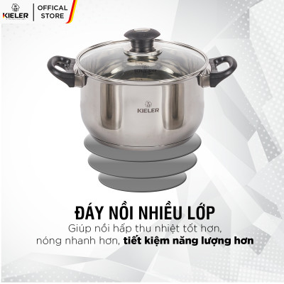 Nồi Inox 5 đáy KIELER đáy từ 18cm nấu nhanh, tiết kiệm điện, có 2 lớp chống dính Whitford ít bám dầu mỡ RW1222-18