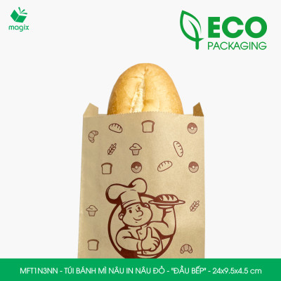 MFT1N3NN - 24x9.5x4.5 cm - 200 Túi bánh mì Nâu, in sẵn họa tiết ĐẦU BẾP - Bao bánh mì Túi giấy thực phẩm an toàn