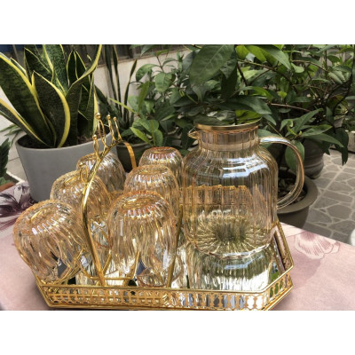 Set 6 Cốc Thuỷ Tinh Lửa Ánh Xanh Có Bình + Khay Bán Kèm Sang Trọng Tinh Tế 