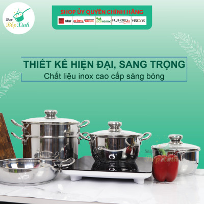 Bộ Nồi Inox 3 Đáy Gồm 3 Nồi 1 Chảo 1 Xửng Fivestar FS08CG1 - Hàng Chính Hãng