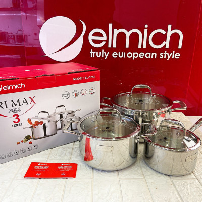 Bộ Inox cao cấp 3 lớp đáy liền Elmich Trimax XS EL-3743 size 16, 20, 24cm