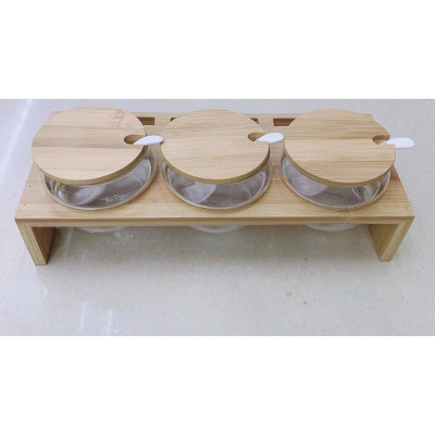 Bộ 3 hũ đựng gia vị thủy tinh cao cấp khay gỗ tre 