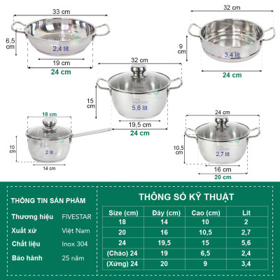 Bộ Nồi Inox 3 Đáy Gồm 3 Nồi 1 Chảo 1 Xửng Fivestar FS08CG1 - Hàng Chính Hãng