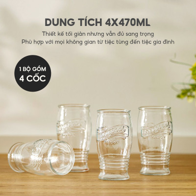 Bộ cốc uống bia thủy tinh Lebenlang LBL1222, bộ cốc 4 chiếc, 470ml/cốc, dễ dàng vệ sinh - hàng chính hãng