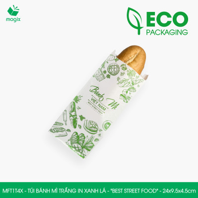 MFT1T4X - 24x9.5x4.5 cm - 100 Túi bánh mì Trắng, in sẵn họa tiết BEST STREET FOOD - Bao bánh mì Túi giấy thực phẩm an toàn