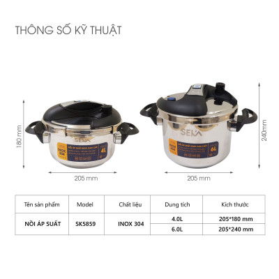 Nồi áp suất từ Seka SK5859 inox 304 dung tích 4L và 6L tặng kèm vung kính, Dùng được mọi loại bếp