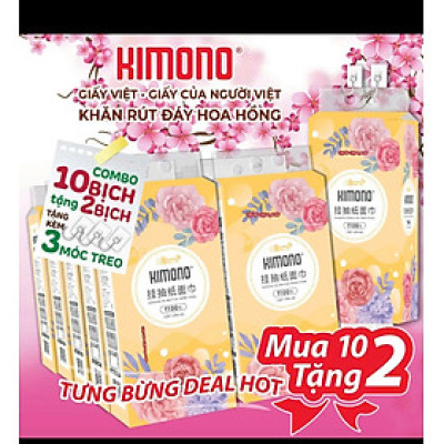 COMBO 10 bịch giấy treo tường đa năng KIMONO hoa VÀNG 4 lớp dạng rút 1100 tờ tặng kèm 2 móc treo đôi