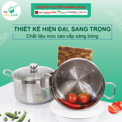 Bộ nồi xửng hấp inox 3 đáy bếp từ  Fivestar 28 cm  nắp kính