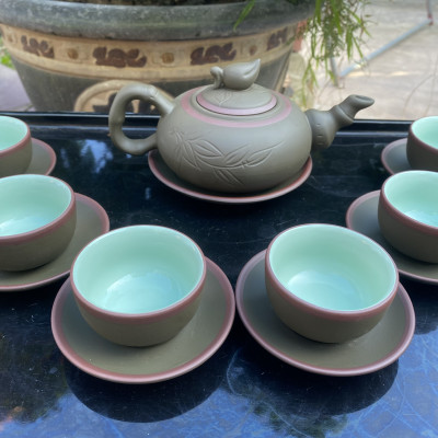 Bộ ấm trà tử sa trúc đào S1 xanh chỉ lòng xanh