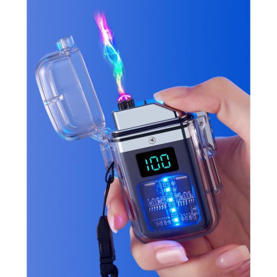 Quẹt Sạc Điện Plasma Chống Nước, Chống Gió, Vỏ Trong Suốt, Có màn hình hiển thị pin