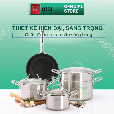 Bộ nồi chảo chống dính 3 lớp đáy liền Inox 304 Fivestar Plus FPB5006 nắp kính , bảo hành 25 năm - tặng 1 vá canh