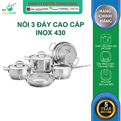 Bộ nồi xửng hấp quánh chảo caro inox 430 bếp từ 3 đáy Five Star 5 món