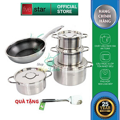 Bộ nồi chảo chống dính sâu lòng tổ ong 3 lớp đáy liền inox 304 Fivestar Plus 5 món quai oval nắp inox, tặng 1 sạn inox