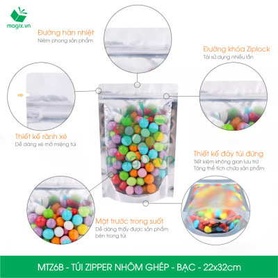 MTZ6B - 22x32cm - Combo 25 Túi Zipper Bạc đáy đứng, một mặt trong