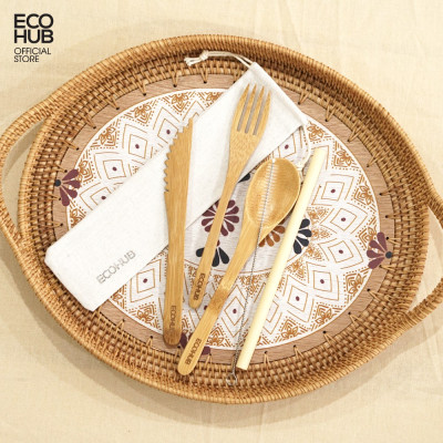 Dao, Nĩa, Muỗng Tre ECOHUB (6 món) Tự nhiên, Dành cho du lịch, dài 20cm, Kèm túi vải