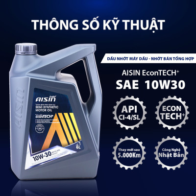 Dầu Nhớt Bán Tổng Hợp AISIN Econtech+ CI4/SL 10W30 6 Lít ECSI1036PB - Nhập Khẩu Chính Hãng