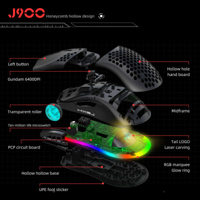 Chuột Quang MACRO HXJS J900 RGB Bề Mặt Lưới Xuyên Thấu Cực Đẹp DPI 6400 - Hàng chính hãng
