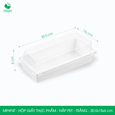 MFHP4T - 20.5x15x6 cm -50 hộp giấy thực phẩm màu trắng nắp Pet, hộp giấy chữ nhật đựng thức ăn, hộp bánh nắp trong