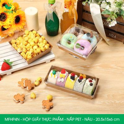 MFHP4N - 20.5x15x6 cm - 50 hộp giấy kraft thực phẩm màu nâu nắp Pet, hộp giấy chữ nhật đựng thức ăn, hộp bánh nắp trong