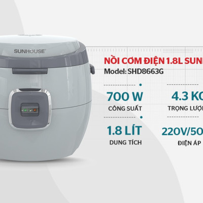 Nồi Cơm Điện 1.8L Sunhouse SHD8663 - Màu Ngẫu Nhiên - Hàng Chính Hãng