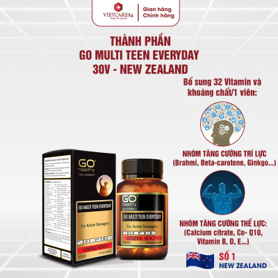 Viên uống cho tuổi teen nhập khẩu chính hãng New Zealand GO MULTI TEEN EVERYDAY (30 viên) bổ sung 32 vitamin, khoáng chất và một số dưỡng chất hỗ trợ duy trì và tăng cường sức khỏe cho trẻ ở tuổi tăng trưởng, tuổi dậy thì