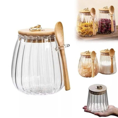 Hộp Đựng Thực Phẩm Có Thìa, Bảo Quản Nhà Bếp, Nắp Gỗ Bền Chống Ẩm, Nắp Thủy Tinh Kín Khí - Hộp Hạt Cà Phê Đậu - HÀNG CHÍNH HÃNG MINIIN