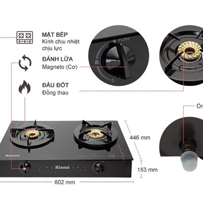 Bếp Gas Dương Đôi Rinnai RV-6 Double Glass(B)  Tặng kèm 1 bộ van và dây gas- Hàng chính hãng